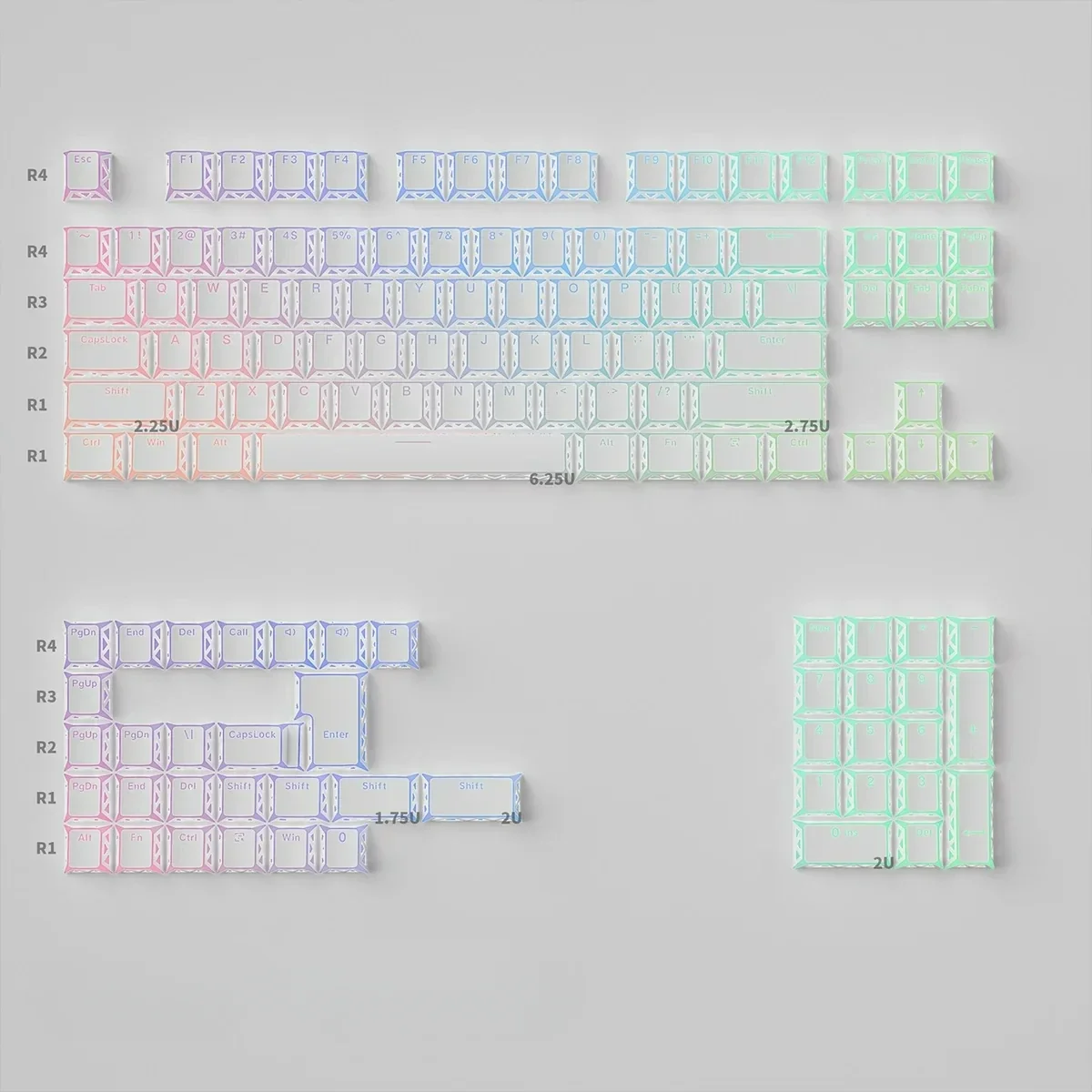 White Ethereal Refraction Translucent PBT Keycaps set, highlighting the unique hollow design and stunning light refraction for an artistic glow.