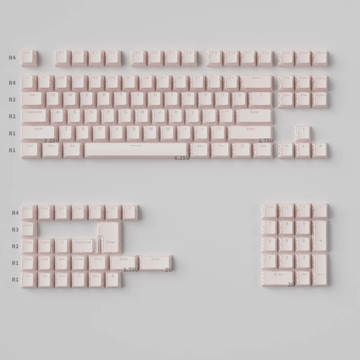 Ethereal pink translucent PBT keycaps from the Refraction set, featuring a unique hollow design and stunning light effects that create a captivating design.
