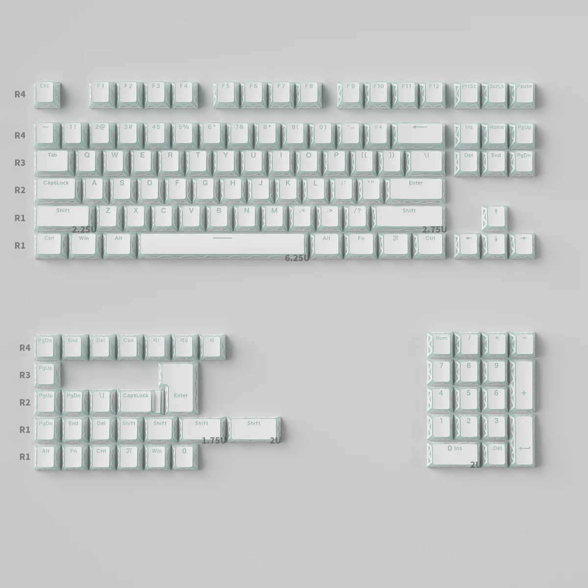 Green Ethereal Refraction Translucent PBT Keycaps Set, highlighting stunning light refraction from their unique hollow design and captivating glow.