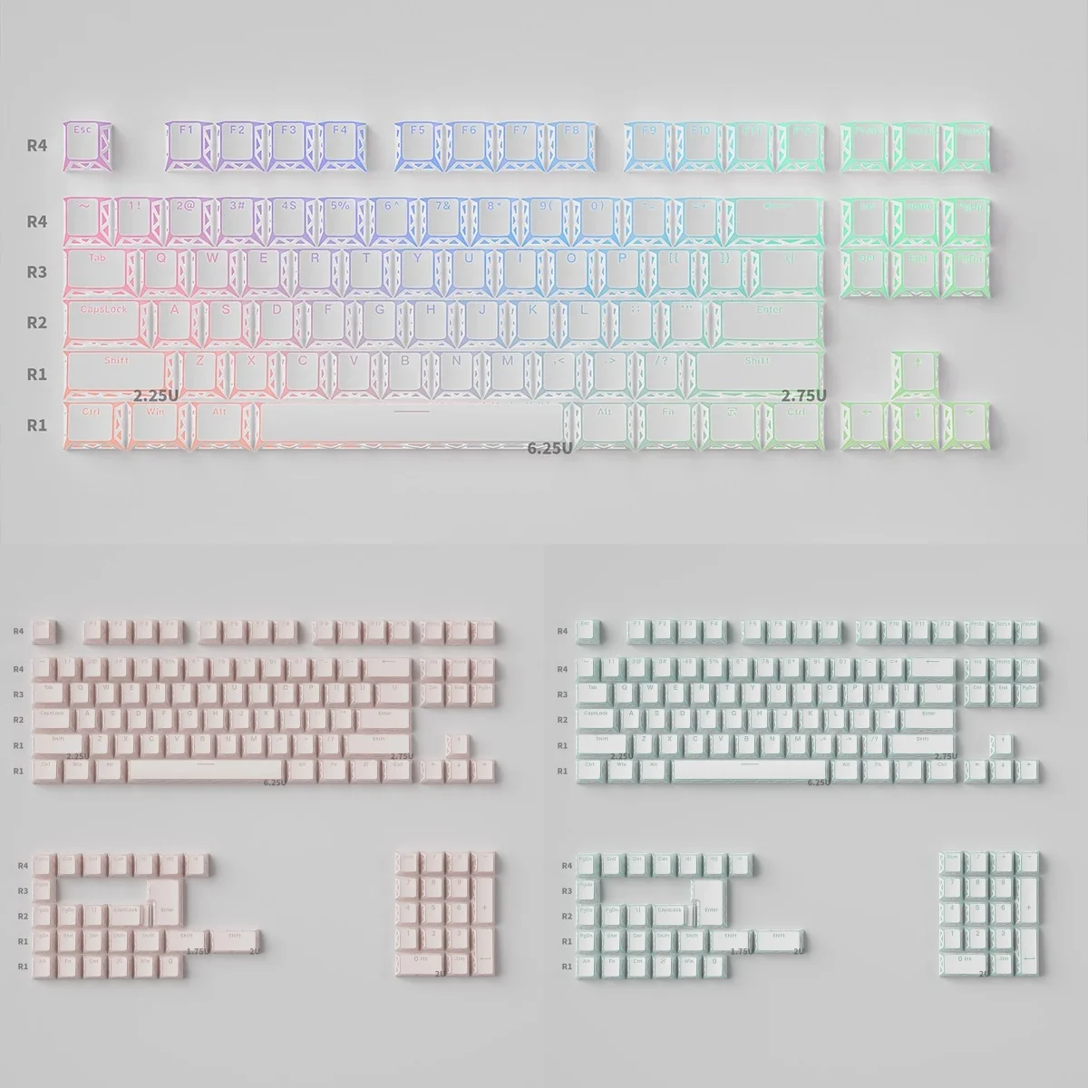 Close-up of Ethereal Refraction Translucent PBT Keycap Set, highlighting the unique hollow design and spectacular light refraction for a subtle, artistic design.