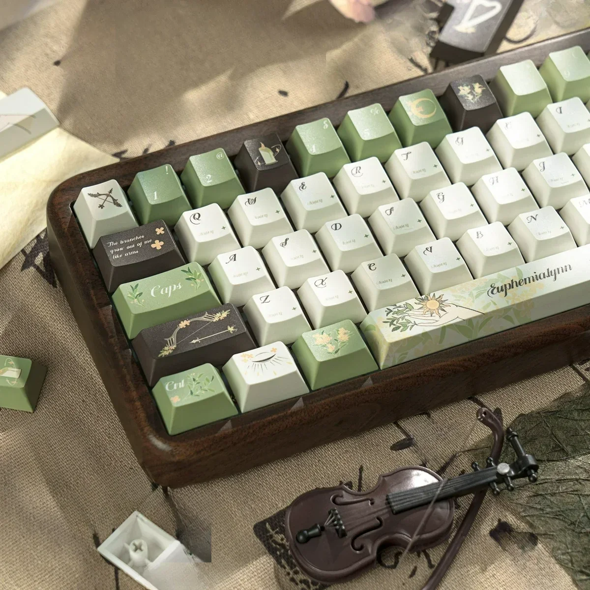 Detailed views of Euphemialynn PBT Dye-Sub Keycaps Set, showcasing their mythical design, serene laurel motifs, and ethereal elegance from multiple angle.