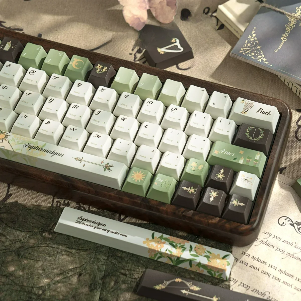 Euphemialynn PBT dye-sub keycaps set shown from multiple angles, revealing their elegant mythical design and serene laurel motifs.