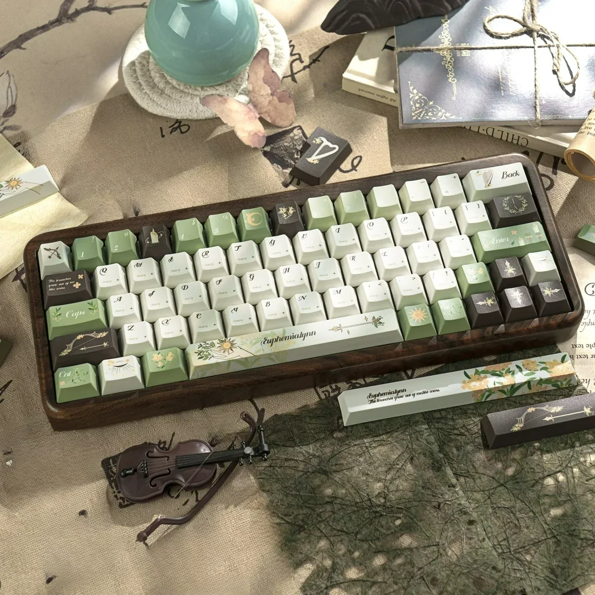 Elegant Euphemialynn PBT dye-sub keycaps set gallery, revealing serene mythical designs from multiple angles. Highlighting ethereal laurel motifs.