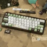 Close-up of Euphemialynn PBT dye-sub keycaps set, showcasing the serene mythical laurel motifs and ethereal artistic detailing from a unique angle.