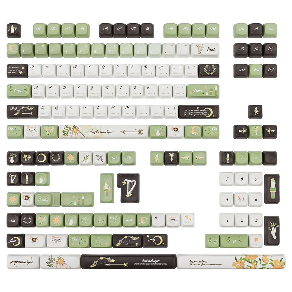 A complete 150-key Euphemialynn PBT dye-sub keycap set, showcasing ethereal laurel motifs and mythical artistic design.