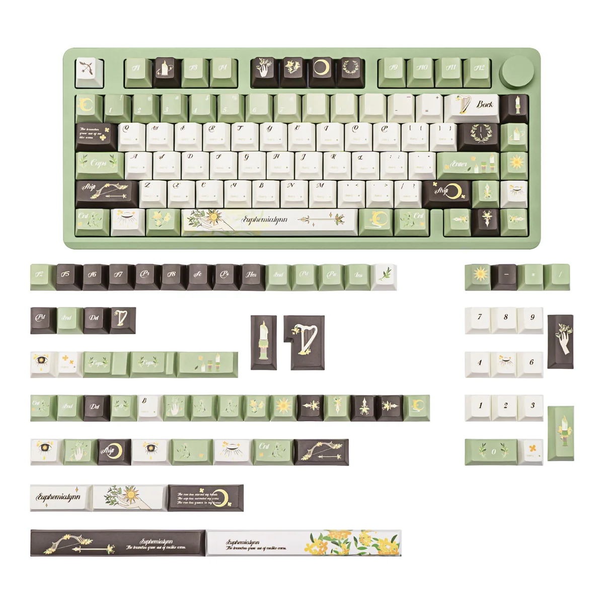 Elegant Euphemialynn PBT dye-sub keycap set (150 keys), capturing serene laurel motifs and mythical artistry.