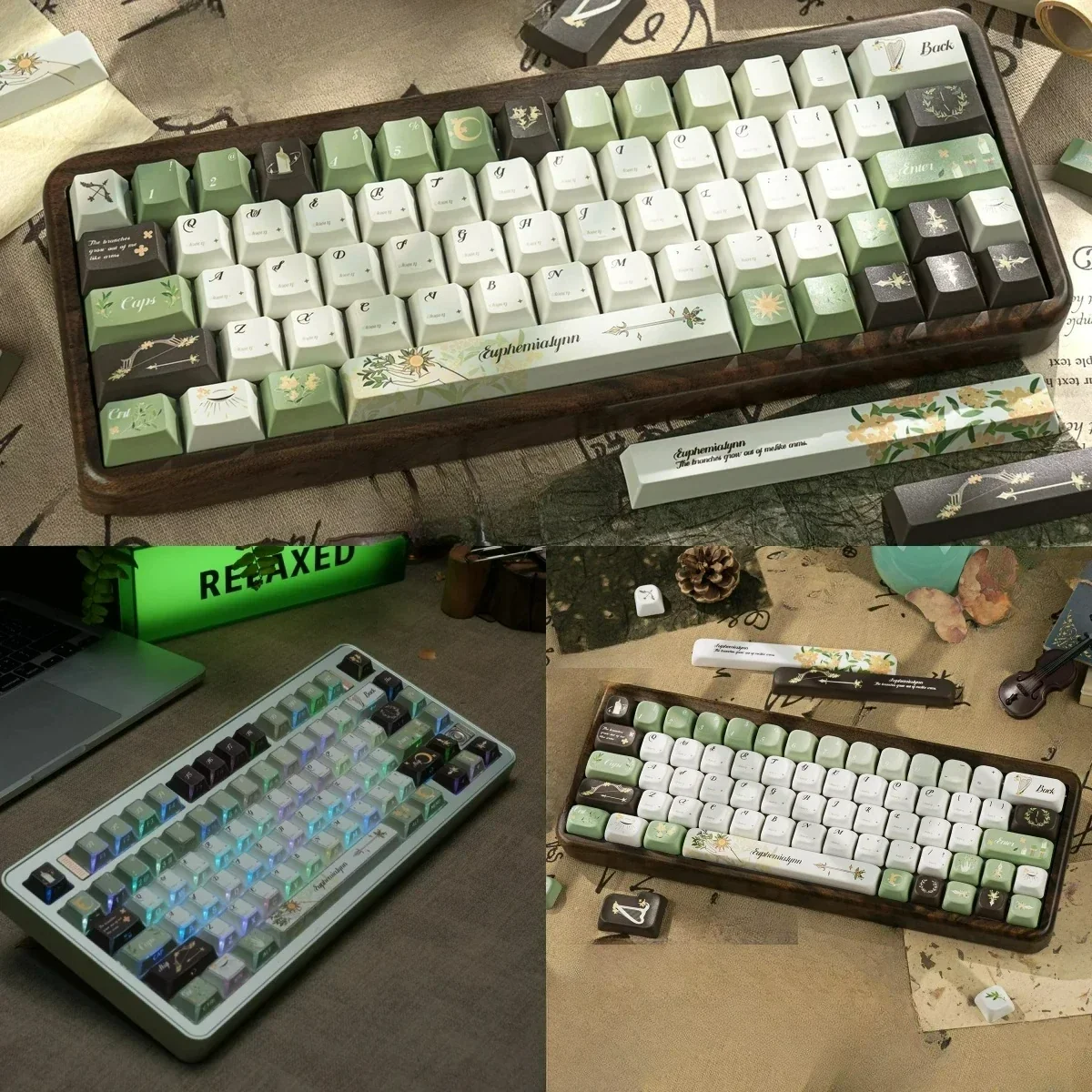 Elegant Euphemialynn PBT Dye-Sub Keycaps set, showcasing intricate mythical laurel motifs and ethereal artistic details. Durable and visually stunning design.