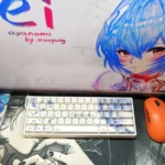 Dynamic views of the Rei Ayanami Evangelion PBT keycaps set, showcasing the iconic anime aesthetic. High-quality Rei Ayanami setup.