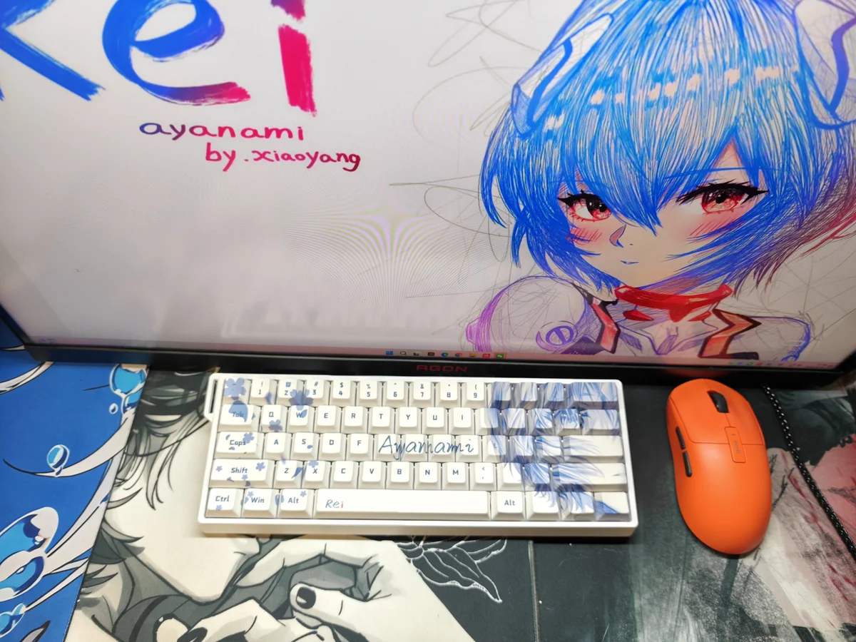 Dynamic views of the Rei Ayanami Evangelion PBT keycaps set, showcasing the iconic anime aesthetic. High-quality Rei Ayanami setup.