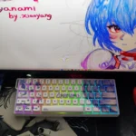 Artistic views of the Rei Ayanami Evangelion PBT keycaps set, highlighting the iconic anime theme from multiple angles.