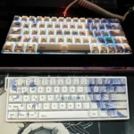 Artistic main display of iconic Rei Ayanami Evangelion PBT keycaps set, featuring distinct design for an immersive anime theme.