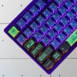 Exclusive Evangelion Unit-01 PBT Dye-Sub Keycap Set, featuring its unique abstract geometric mecha art design from various angles.