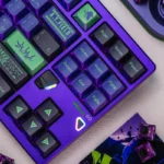 Multiple angles of the exclusive Evangelion Unit-01 Dye-Sub PBT Keycap Set, showcasing its abstract geometric design and iconic design.