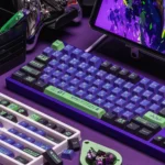Detailed view of the premium Evangelion Unit-01 PBT Dye-Sub Keycap Set, highlighting its abstract geometric mecha art in iconic design.
