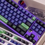 Evangelion Unit-01 PBT Dye-Sub Keycap Set from various angles, showcasing the exclusive mecha art with vibrant geometric design.