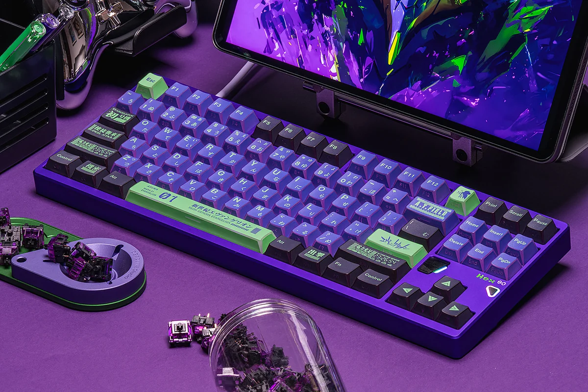 Exclusive Evangelion Unit-01 PBT Dye-Sub Keycap Set main display, showcasing its abstract geometric design in iconic design.