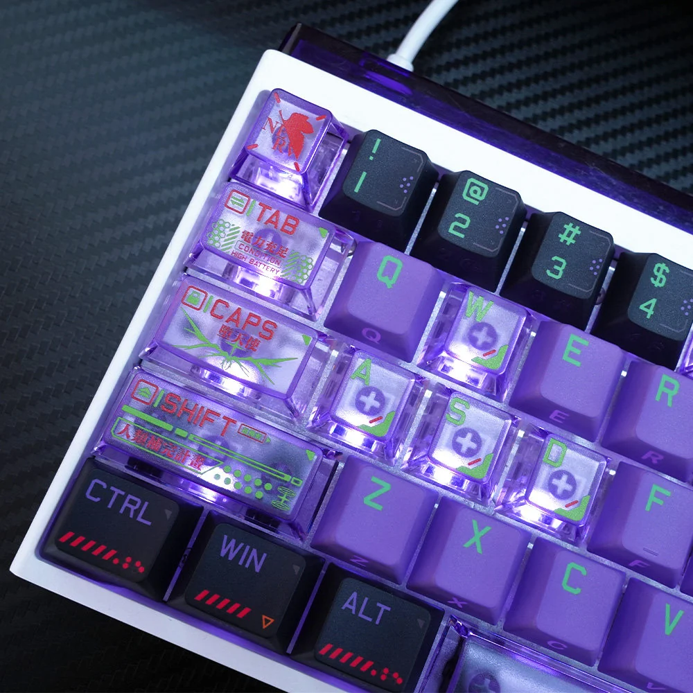 Iconic Evangelion Unit-01 PBT dye-sub keycaps set in vibrant purple and green, with crisp Japanese Kanji legends. A premium artistic close-up.