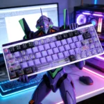 A close-up view of the premium Evangelion Unit-01 PBT Dye-Sub keycaps set, showcasing their distinctive colors and crisp Japanese Kanji.