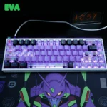 A close-up view of the premium Evangelion Unit-01 PBT Dye-Sub keycaps set, showcasing the vibrant colors and crisp Japanese Kanji legend.
