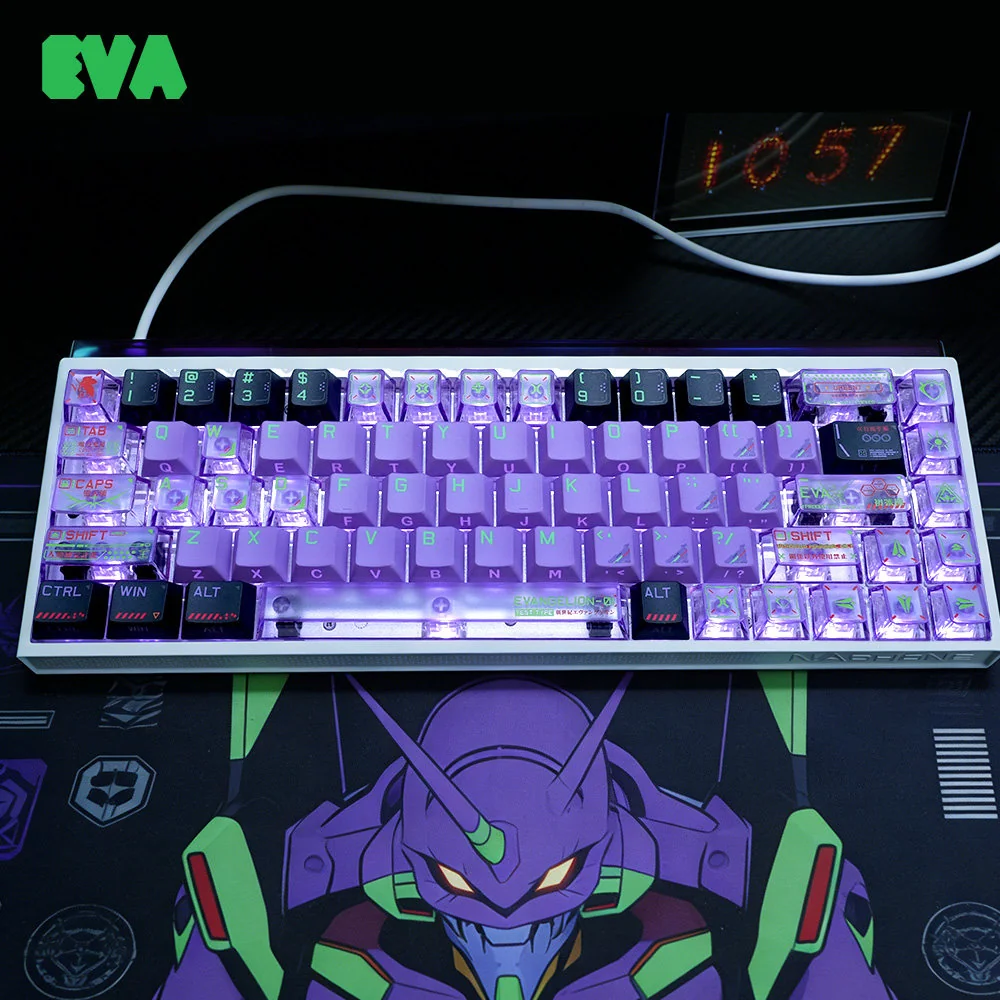 A close-up view of the premium Evangelion Unit-01 PBT Dye-Sub keycaps set, showcasing the vibrant colors and crisp Japanese Kanji legend.