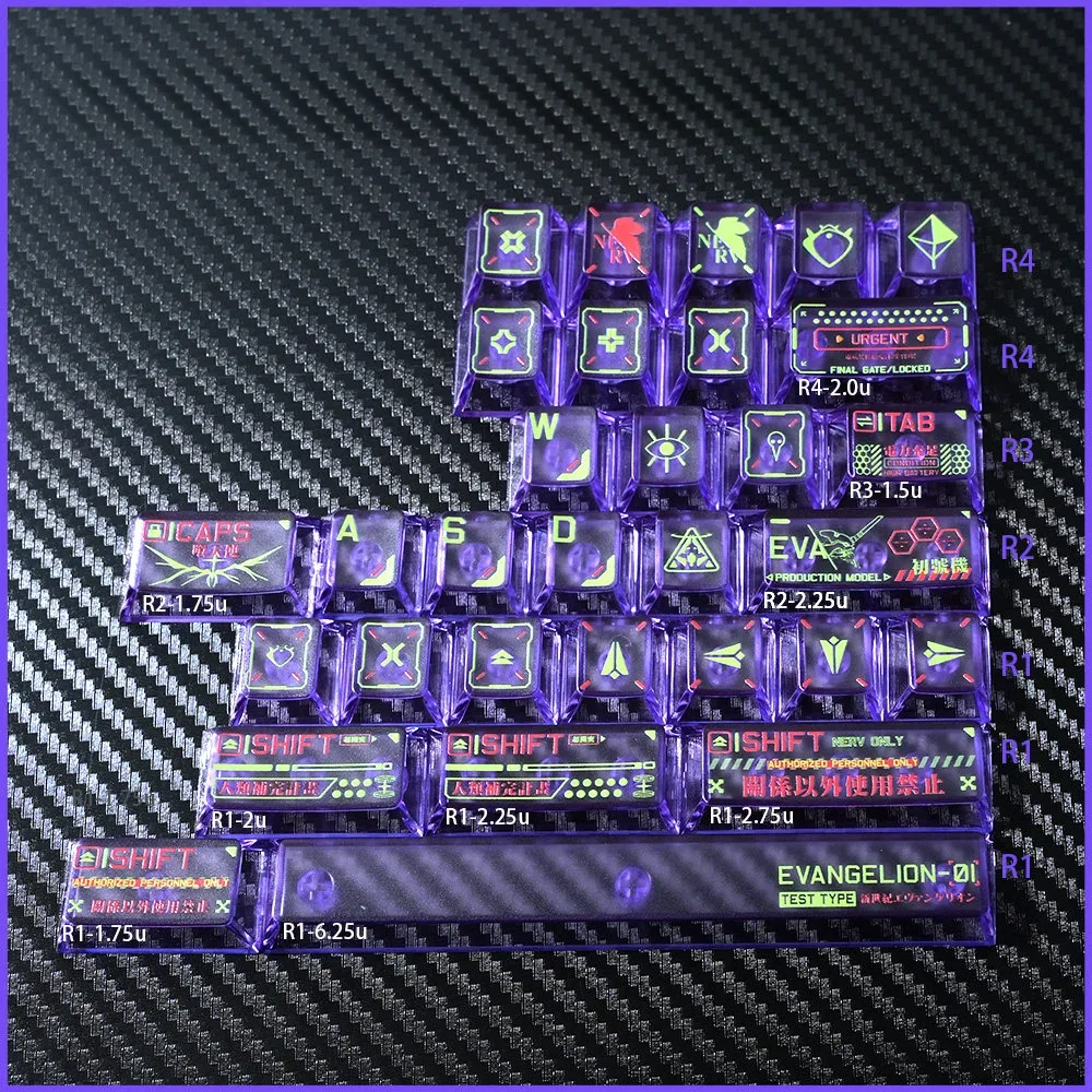 Iconic Evangelion Unit-01 PBT Dye-Sub Keycaps set, artfully displayed from various angles, revealing the distinctive colors and crispy.