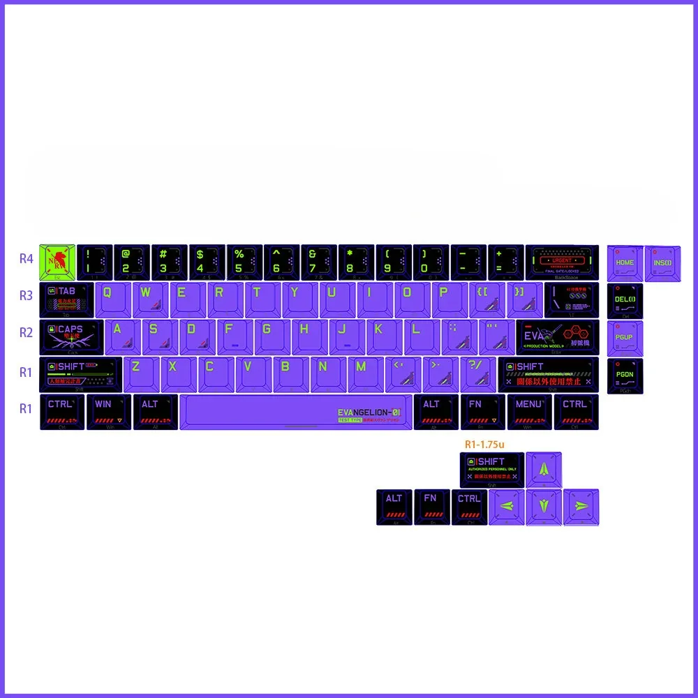 Iconic Evangelion Unit-01 74-key PBT dye-sub keycaps set in vibrant design, with Japanese Kanji legends, compatible with 60-65-68 keyboards.