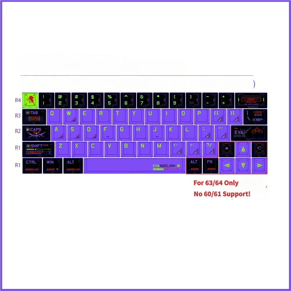 Iconic Evangelion Unit-01 64-key PBT Dye-Sub keycap set, featuring its distinctive color palette and crisp Japanese Kanji legends.