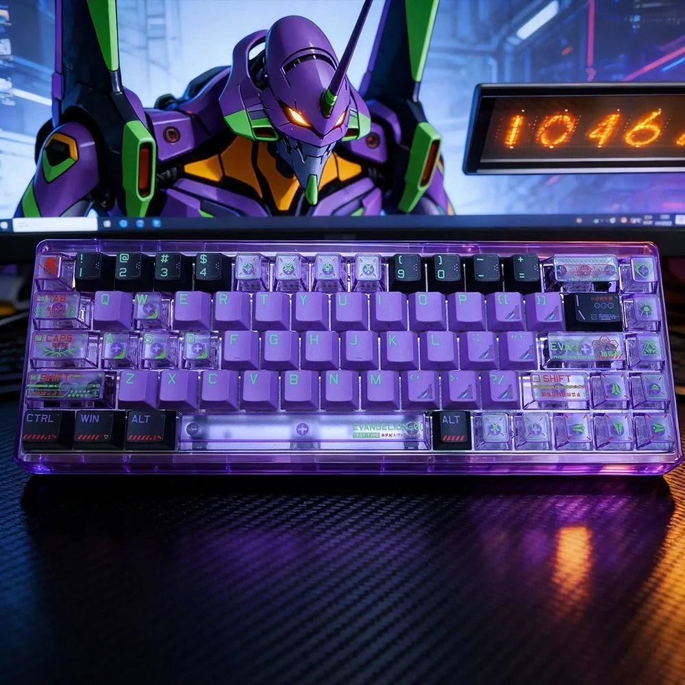 Iconic Evangelion Unit-01 PBT Dye-Sub Keycaps set, showcasing distinctive colors with crisp Japanese Kanji legends.
