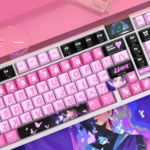 Detailed shot of Valorant Clove PBT keycaps set revealing unique side-lit legends and ethereal twilight butterfly design, emphasizing premium quality.