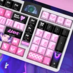 Valorant Clove side-lit PBT keycaps set. Mystical dark hues, ethereal characters, durable PBT, and luminous side legends visible. Premium gaming setup.