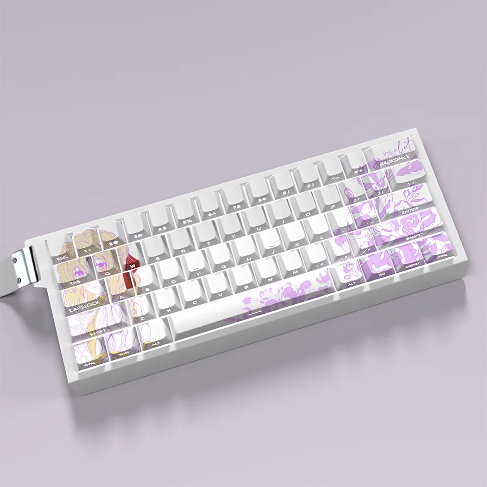 Close-up of the exclusive Violet Evergarden Elegant PBT Dye-Sub Keycap Set, showcasing its refined artistic design from multiple angle.