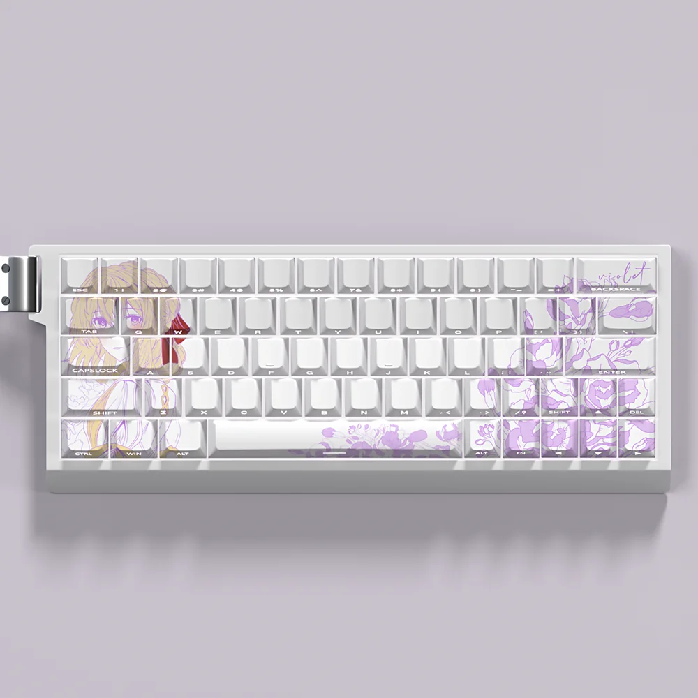 Exclusive Violet Evergarden PBT Dye-Sub Keycap Set elegantly displayed, showcasing its artistic tones for a refined aesthetic.