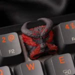 Artisan resin fiery beast backlit keycap, dynamic molten red flame, collapsing beast design. See intense power from various angles.