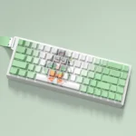 Close-up of the Firefly Keycap Set, showcasing vibrant Honkai Star Rail Firefly character art on side-lit PBT gaming keys.