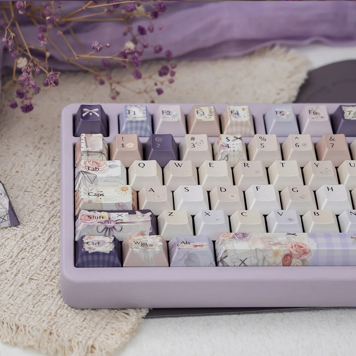 Dreamy Pearlescent Floral PBT Dye-Sub Keycaps set, showcasing delicate floral patterns and soft sheen from multiple artistic angles.