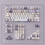 Detailed views of the Dreamy Pearlescent Floral PBT Dye-Sub Keycap Set, revealing intricate floral patterns and the soft, artistic pearlescent paint.