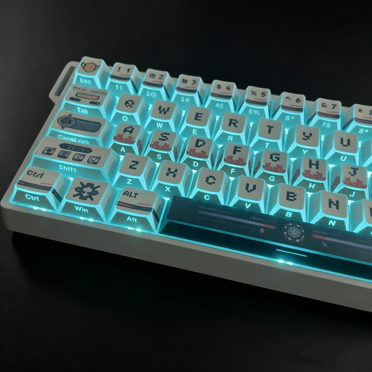 Folded Shadow Odyssey pixel art keycaps set gallery. Durable PBT dye-sublimated keycaps are shown from various angles, featuring unique retro pixel art.