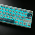 Folded Shadow Odyssey pixel art PBT dye-sublimated keycaps set in a gallery view, showing various angles of their durable, crisp, unique retro-surreal designs.