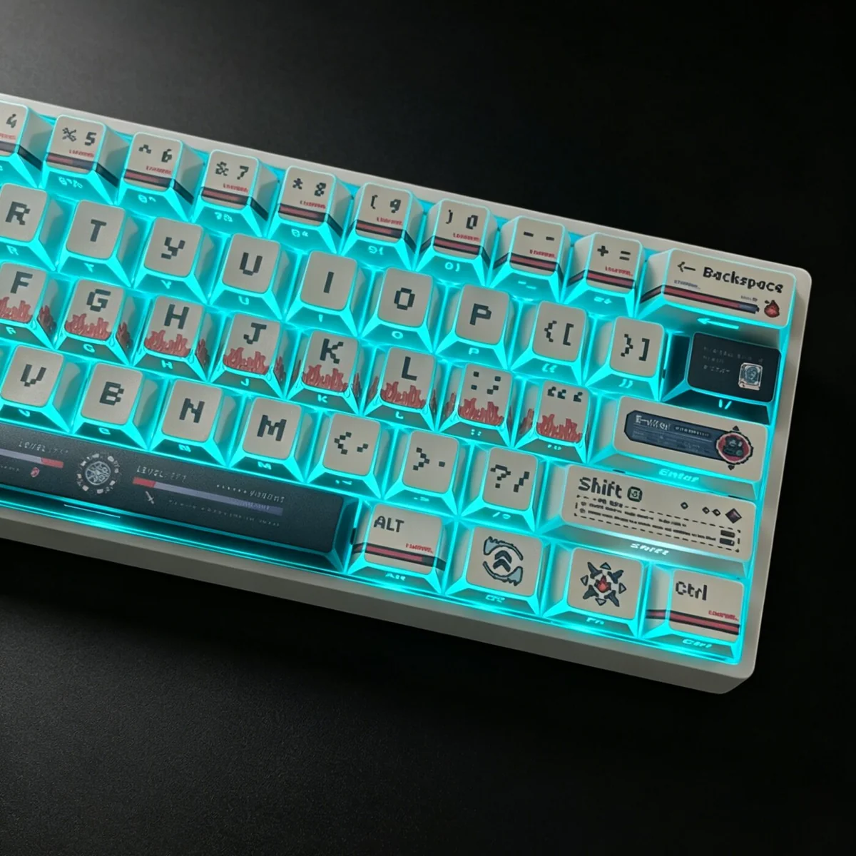 Folded Shadow Odyssey pixel art PBT dye-sublimated keycaps set in a gallery view, showing various angles of their durable, crisp, unique retro-surreal designs.