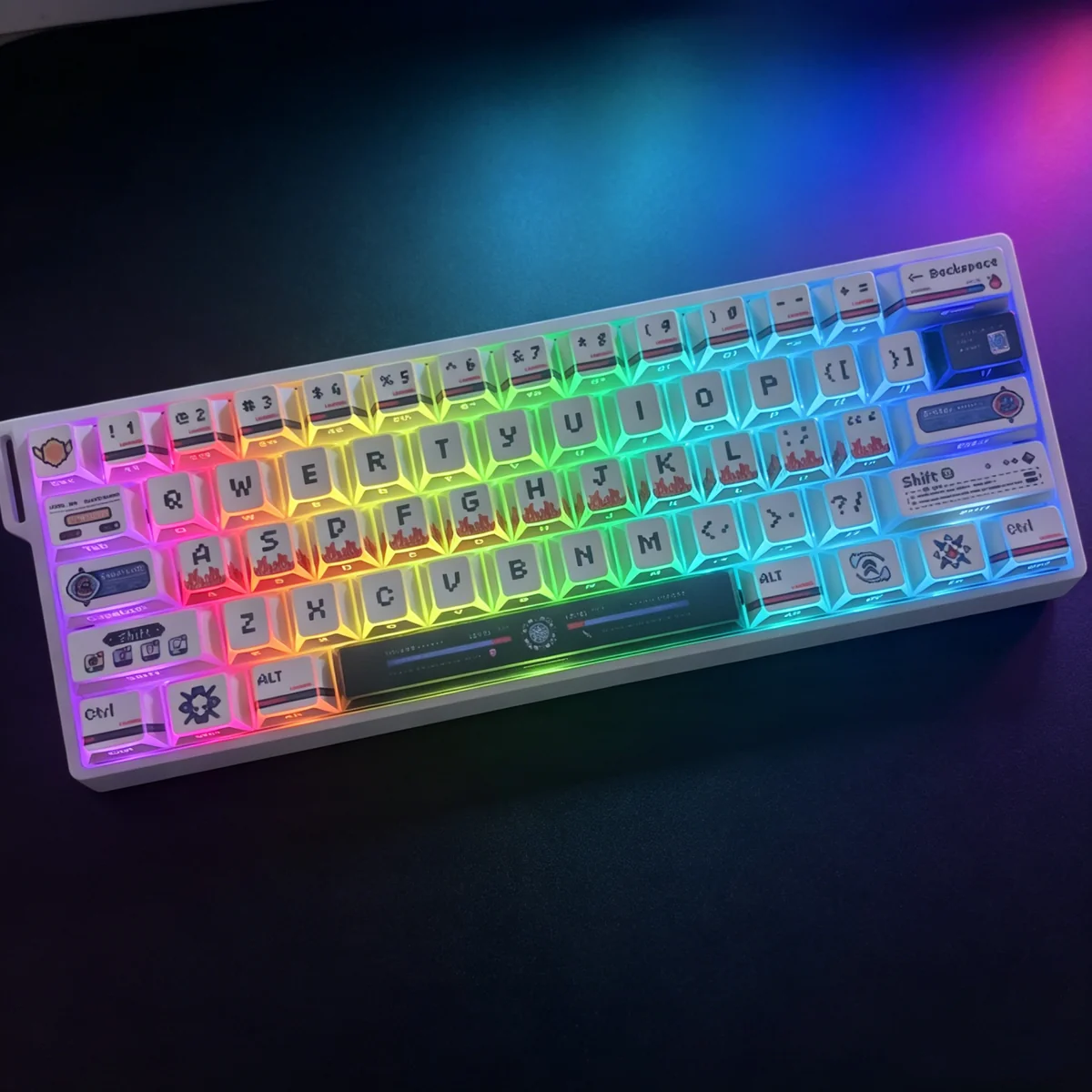 Unique Folded Shadow Odyssey pixel art keycaps set, durable PBT dye-sub. Retro-surreal digital landscapes create a mysterious, otherworldly desktop.