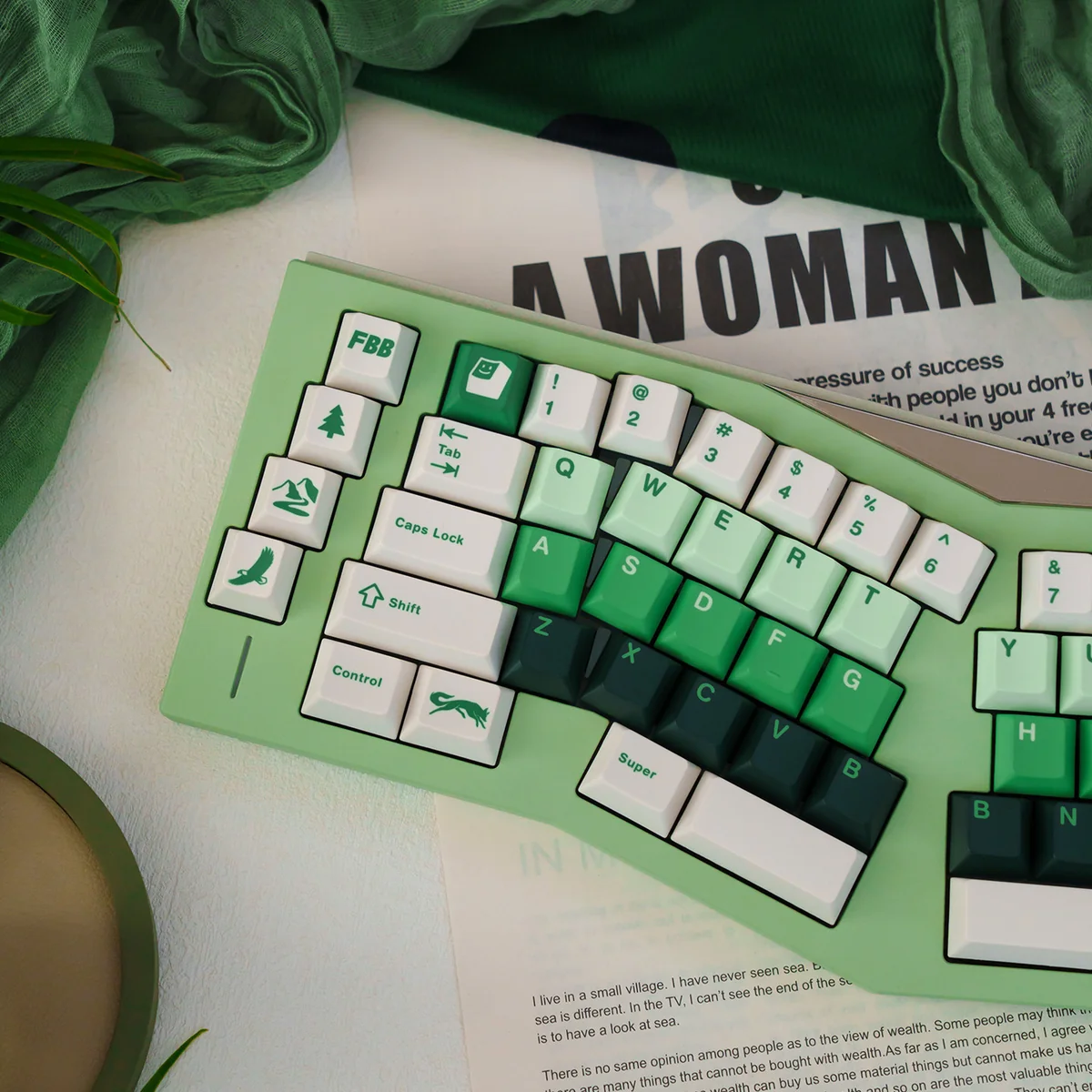 Detailed side view of Forest PBT Keycaps Set, showcasing the lush green gradient transitions and crisp dye-sub legends, evoking tranquil forest growth.