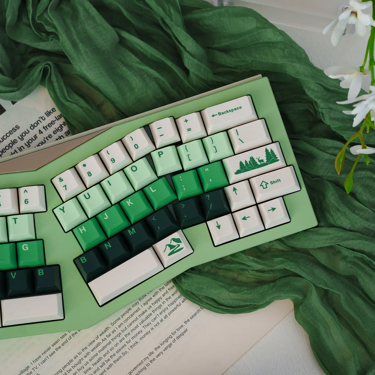 Detailed view of Forest PBT Keycaps Set, highlighting the exquisite lush green gradient and crisp dye-sub legends, evoking tranquil forest growth.
