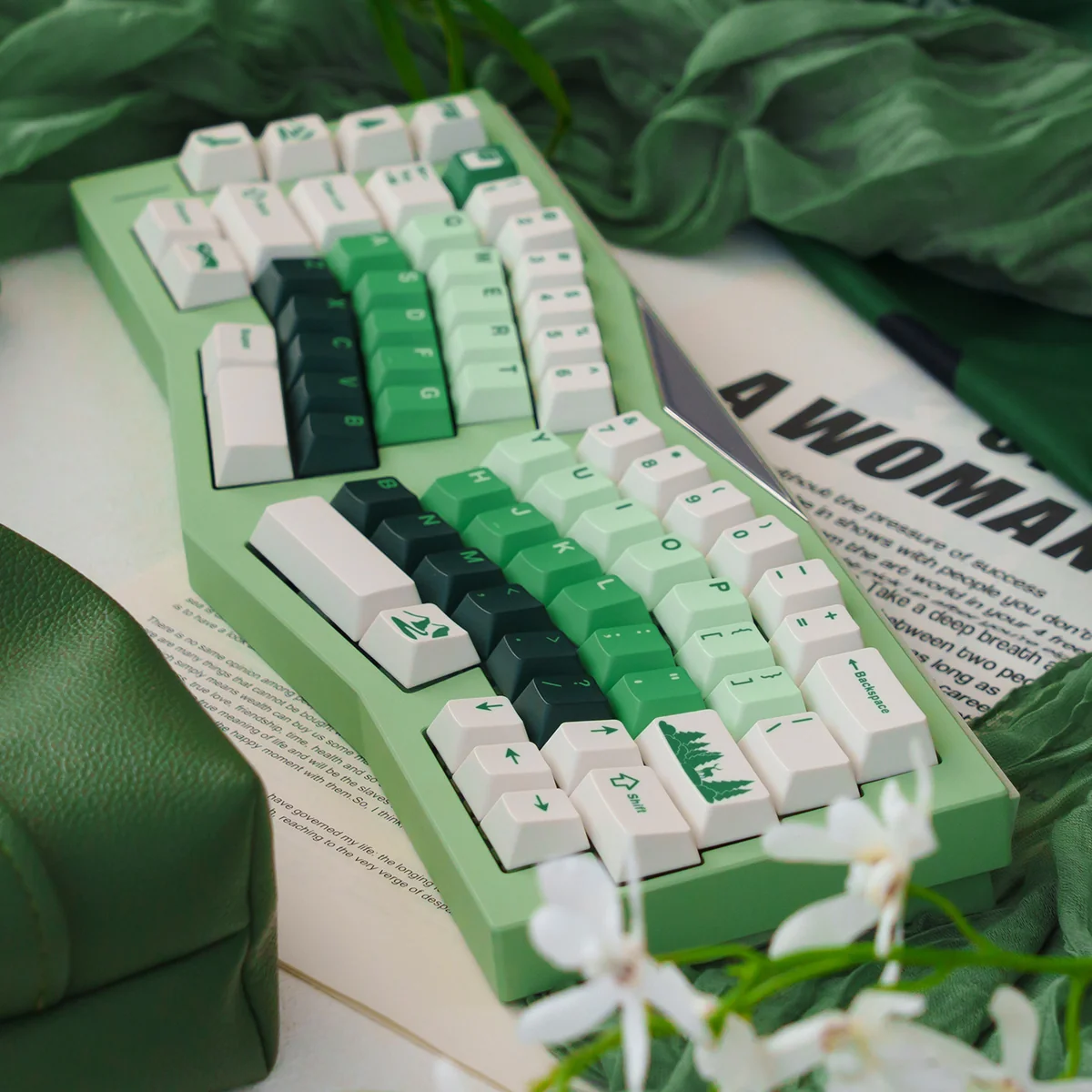 Multiple angles of the Forest PBT Keycaps Set reveal the lush green gradient, PBT dye-sub craftsmanship, and tranquil forest aesthetic for serene desktop.