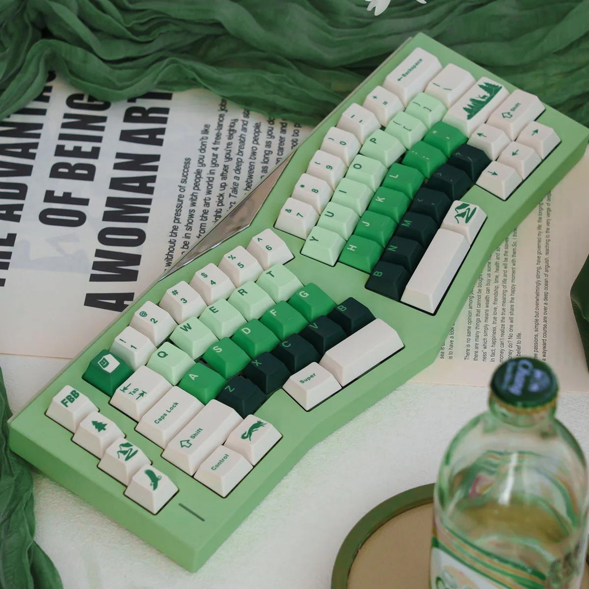 Forest PBT Keycaps set, showcasing lush green gradient dye-sub keycaps on a keyboard, evoking tranquil natural growth and serene desktop aesthetics.