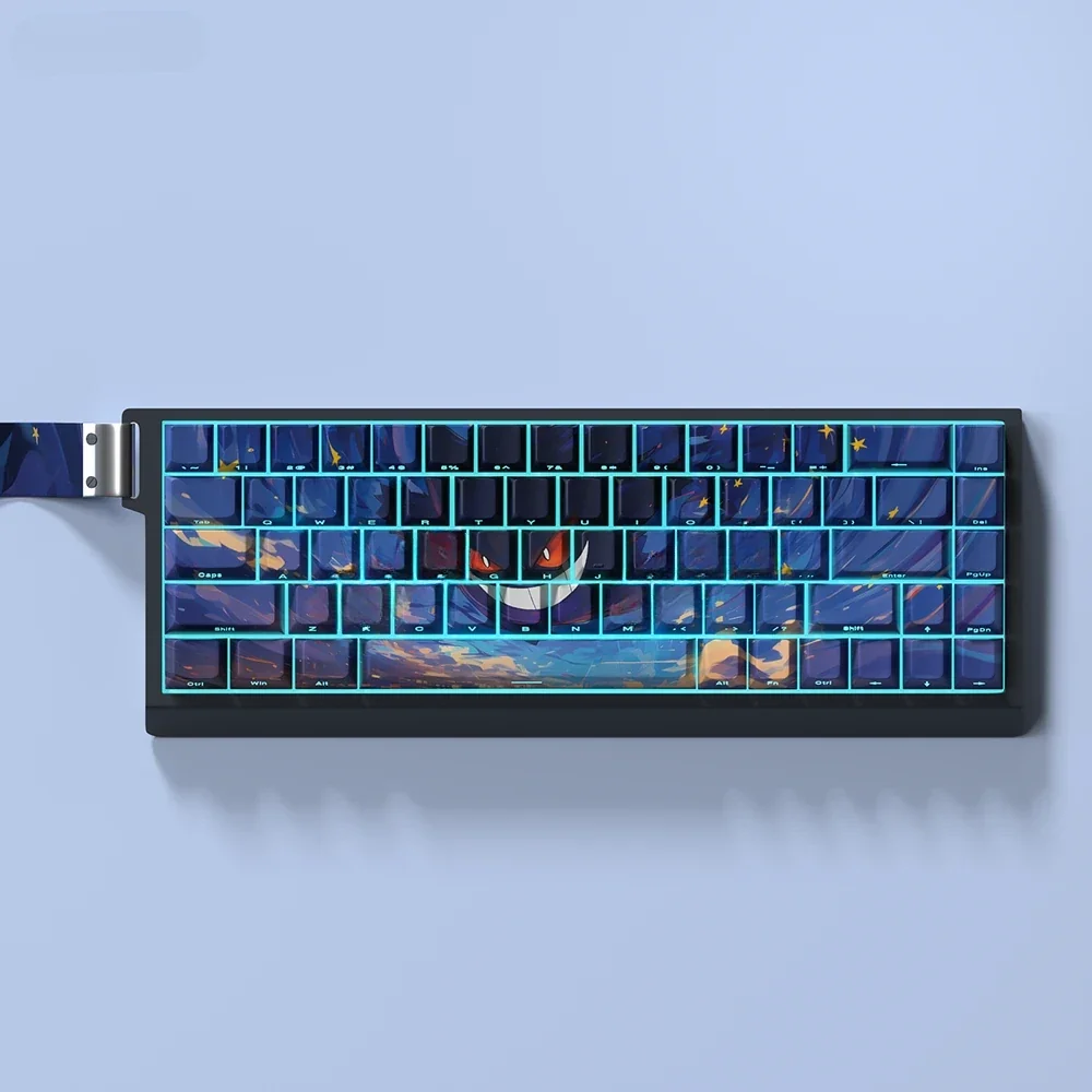 Mischievous Gengar Starry Sky Side-Lit PBT Keycap Set. Multiple views highlight translucent side-engraved legends and Gengar on a cosmic nebula.
