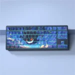 Mischievous Gengar Starry Sky side-lit PBT keycap set showcasing translucent, side-engraved legends against a cosmic nebula background.