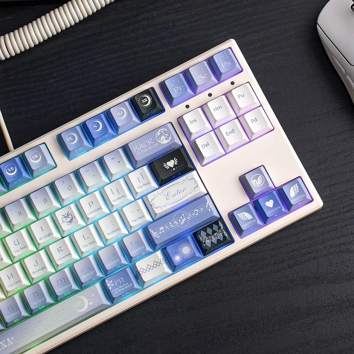 Exclusive Genshin Impact Columbina PBT keycaps set, artistically showcasing ethereal character art and celestial moon aesthetics from a detailed angle.