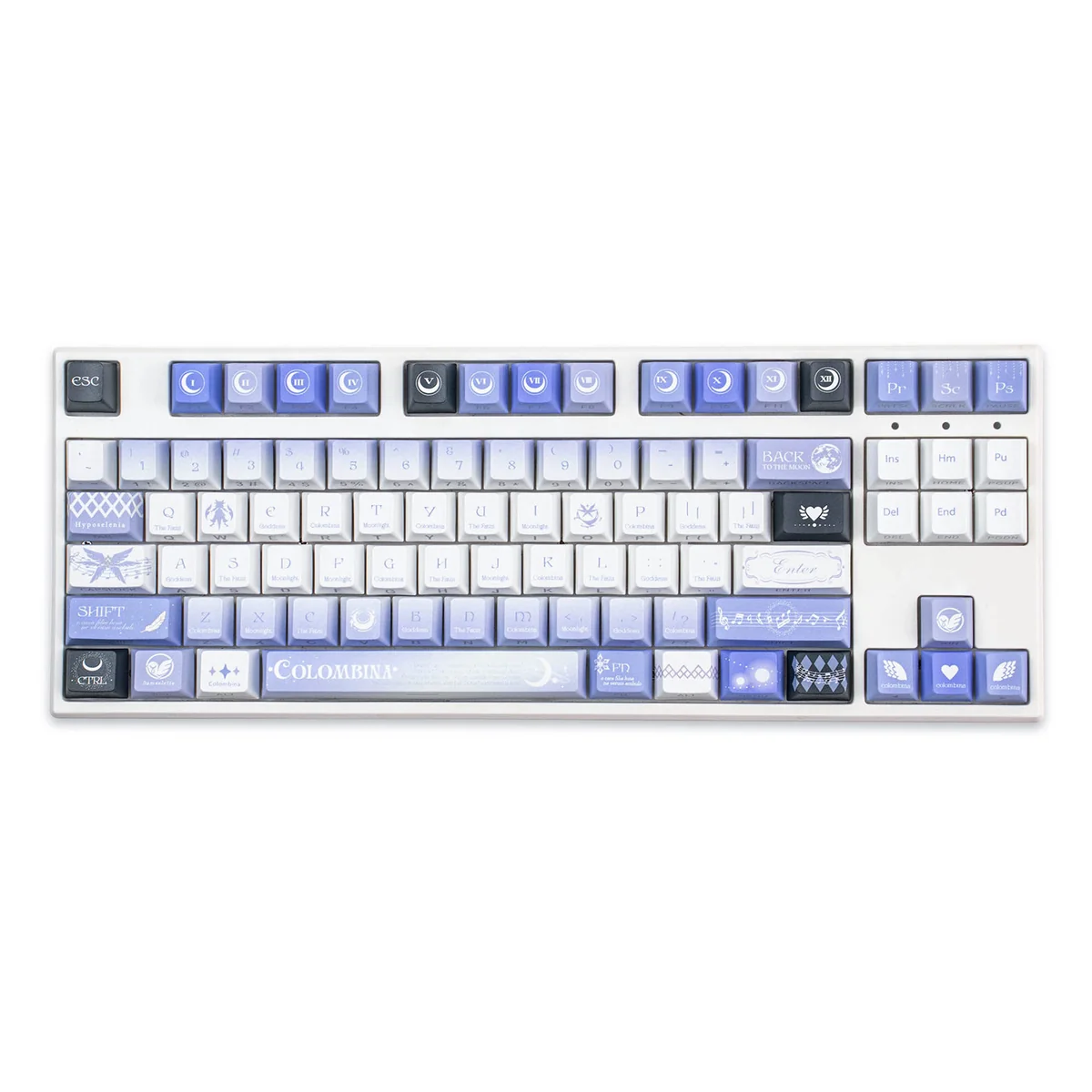 An artistic side profile of the exclusive Genshin Impact Columbina PBT keycaps set, emphasizing the ethereal moon-inspired design and character art.