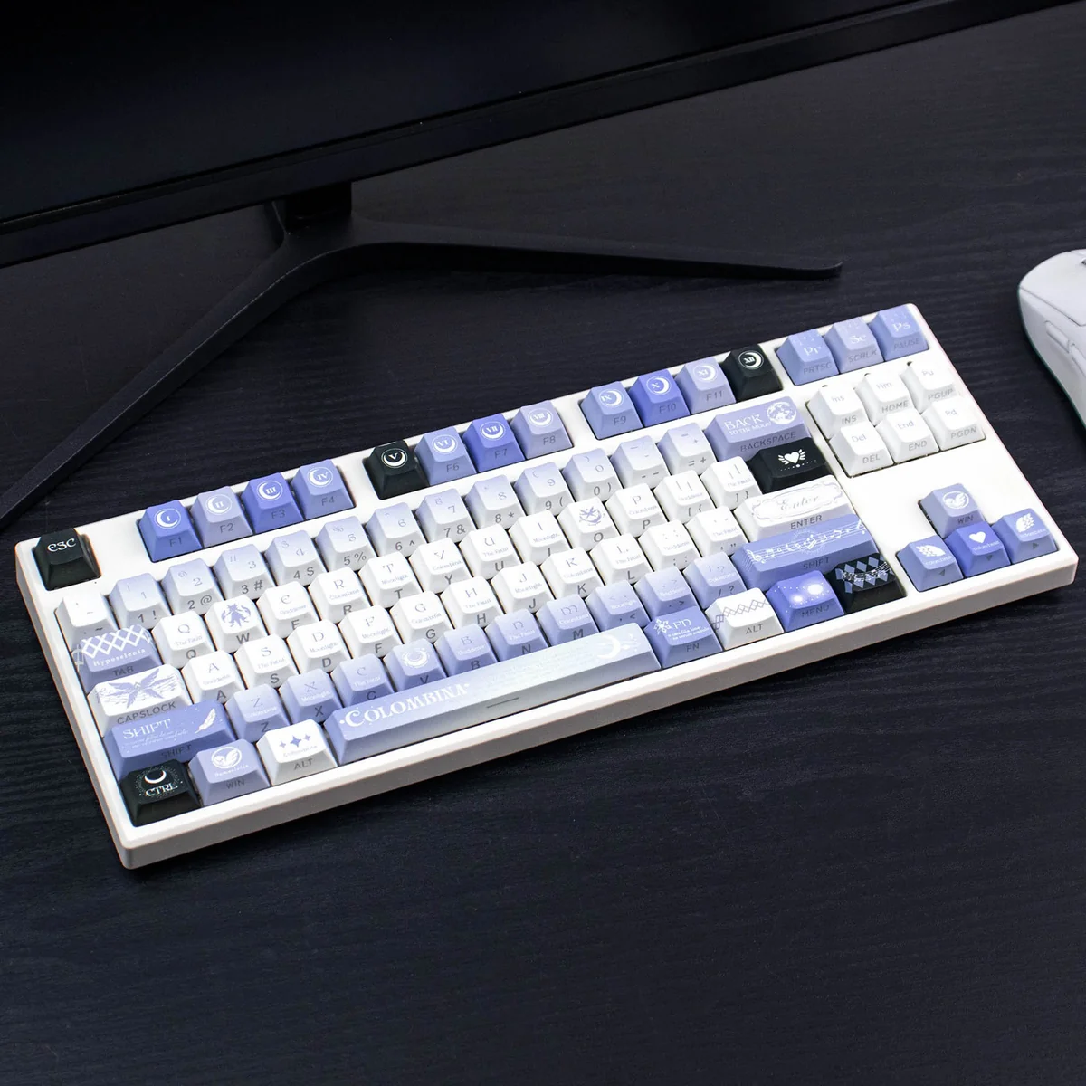 Exclusive Genshin Impact Columbina PBT Keycaps Set, featuring ethereal character art with celestial moon accents for an artistic aesthetic.
