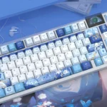 Close-up of Genshin Impact Furina side-engraved translucent PBT keycaps set, showcasing the elegant hydro theme and vibrant legends from various angles.